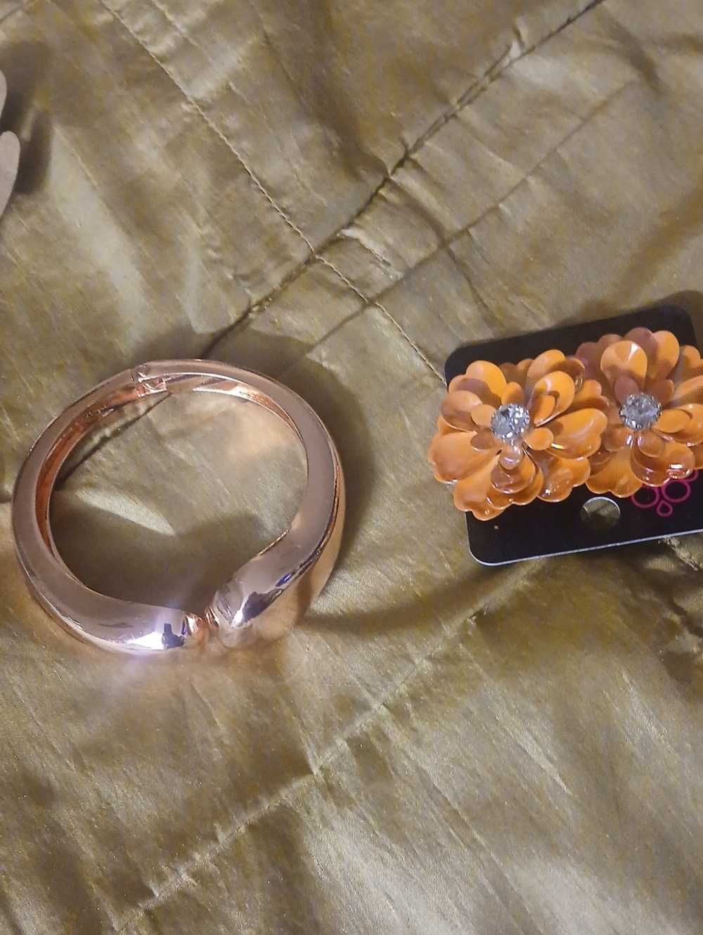 Rose Gold Hinged Bangle Bracelet with Orange Floral Stud Earrings